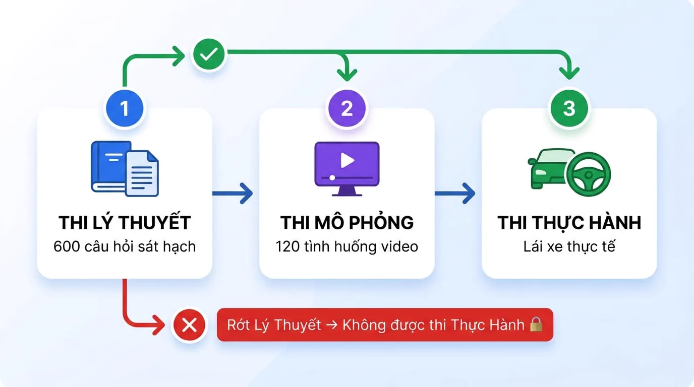 Lộ trình thi sát hạch lái xe: Thi Lý Thuyết → Thi Mô Phỏng → Thi Thực Hành. Rớt lý thuyết không được thi thực hành.